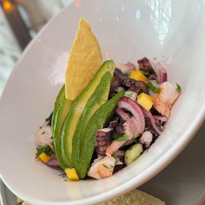 Ceviche with shrimp, octopus, and avocado.