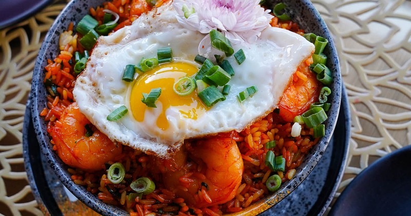 Fried rice, with shrimp, scallions, and a fried egg