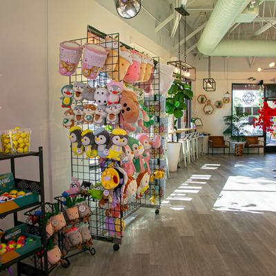 Sun-lit interior with plushies on display racks.