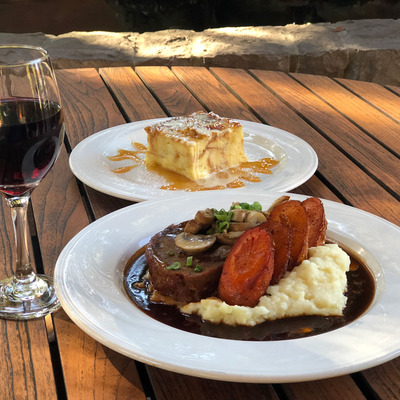 Hudson's Meatloaf and bread pudding with a glass of red wine