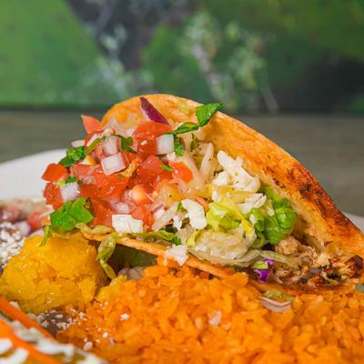 Chicken enchilada and a chicken taco, served with Texas beans and rice.