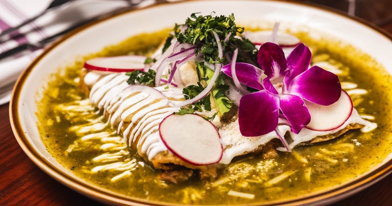 Enchiladas smothered in green sauce, sour cream, and cheese