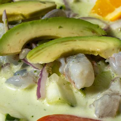 Fresh shrimp marinated in lime juice, mixed with peppers and onions.