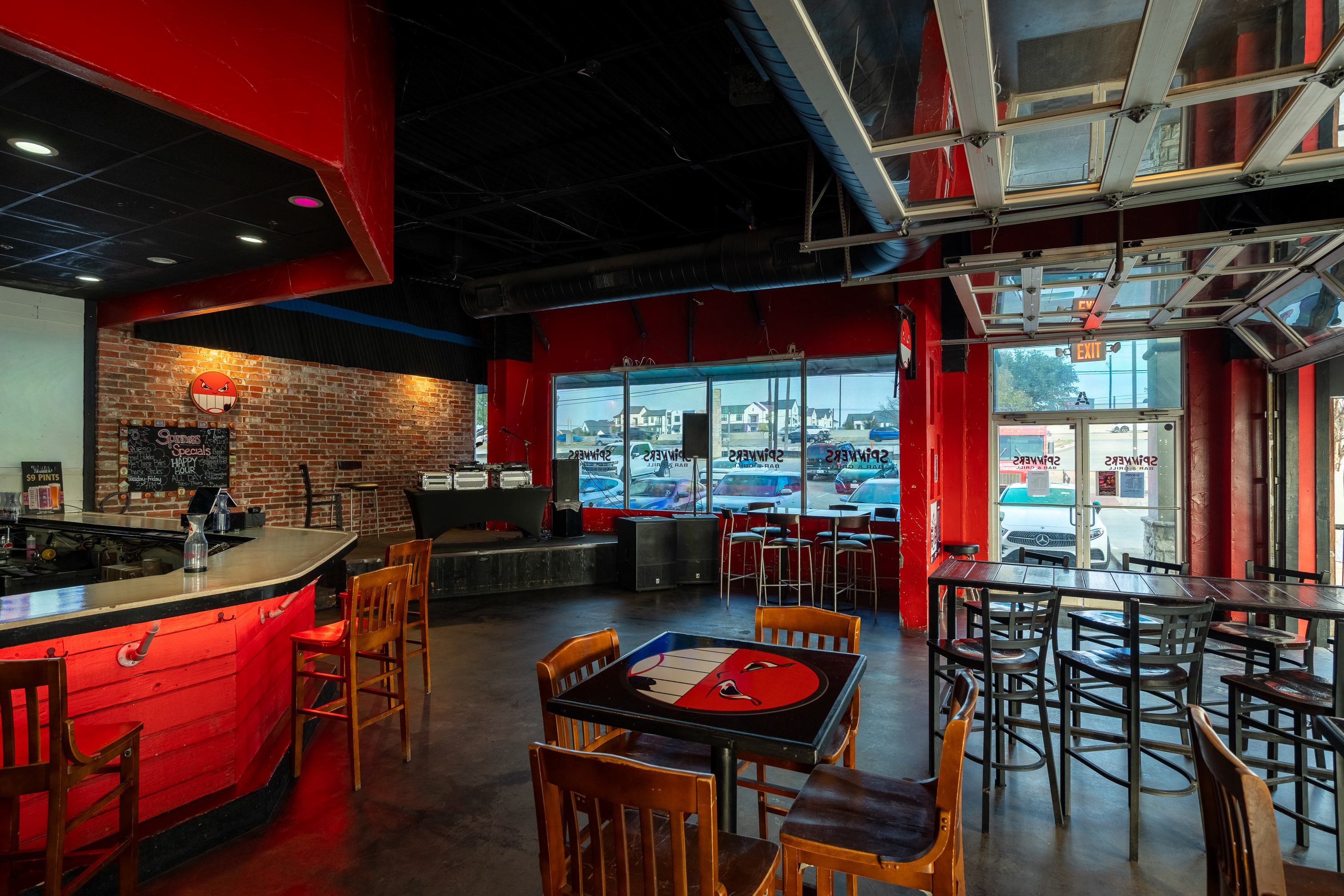 Interior, bar, diner tables, chairs, entrance