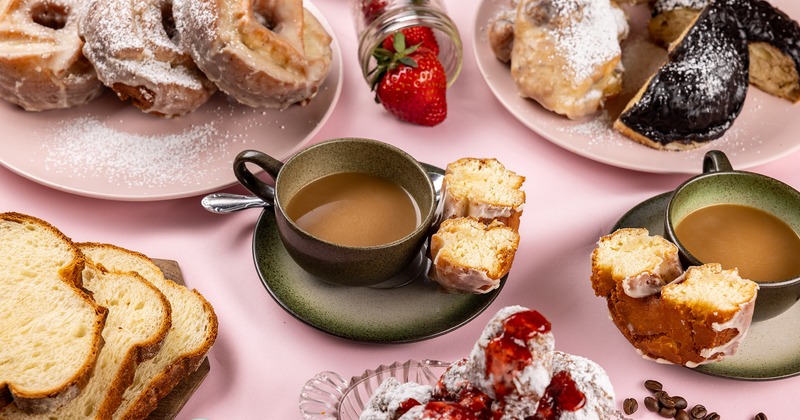 A spread of baked goods and beverages