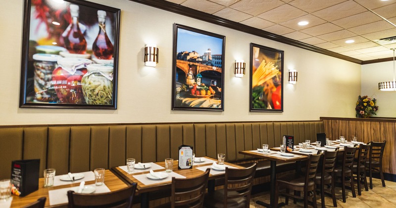 Interior, dining tables lined up