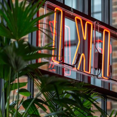 Tiki neon sign and plants, closeup