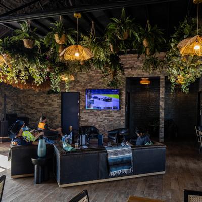 Indoor lounge with hanging plants, TV screen on a brick wall and a seating area.