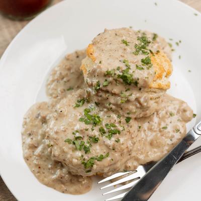 Biscuits smothered in gravy.