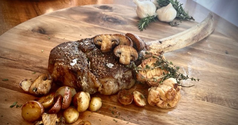 Grilled sirloin steak, with roasted potatoes and mushrooms