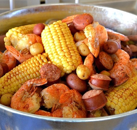 Shrimp Boil with corn, shrimp,  sausage, potatoes