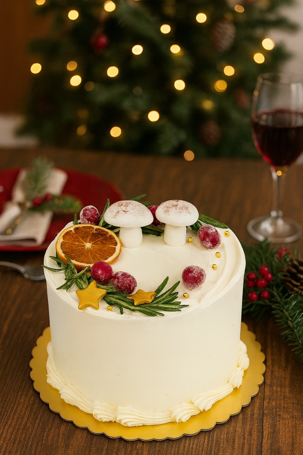 Winter spice cake set on a Christmas table. Christmas Tree in the background