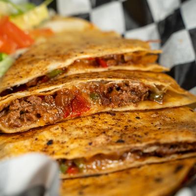 Beef quesadillas, close up view.