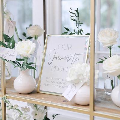 Seating plan with white floral arrangements.