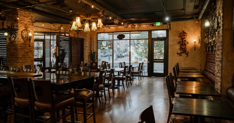 Interior, dining area, restaurant entrance, large shop window, vintage chandelier