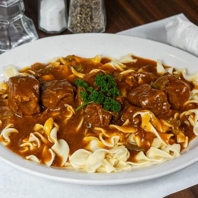 Hungarian Goulash over noodles.