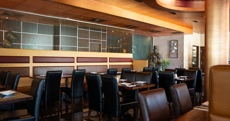Interior, dining area, tables and chairs ready for guests, wood coated ceiling