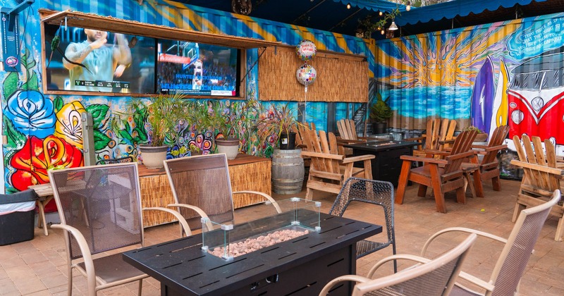 Outside, tables, wooden chairs, decoration