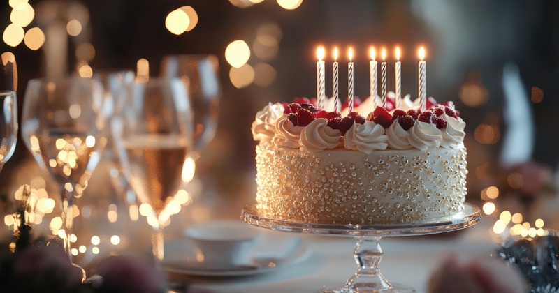 A birthday cake featuring several glowing candles, served on a glittering table with wine glasses
