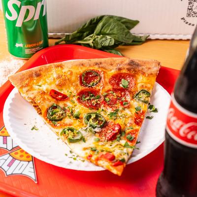 Pizza slice and soda drinks