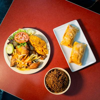 Fried chicken and beef patties.