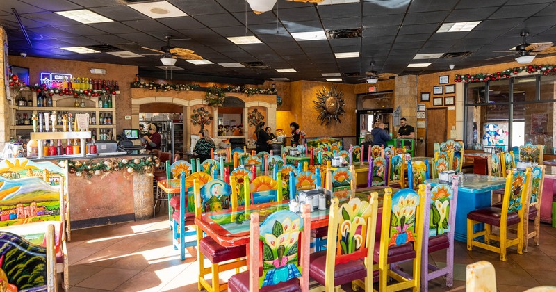 Interior, seating area, colorful chairs