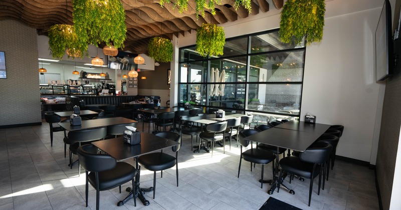 Interior, seating area with tables and chairs
