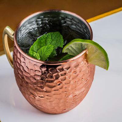 Moscow Mule garnished with a mint spring and slice of lime.