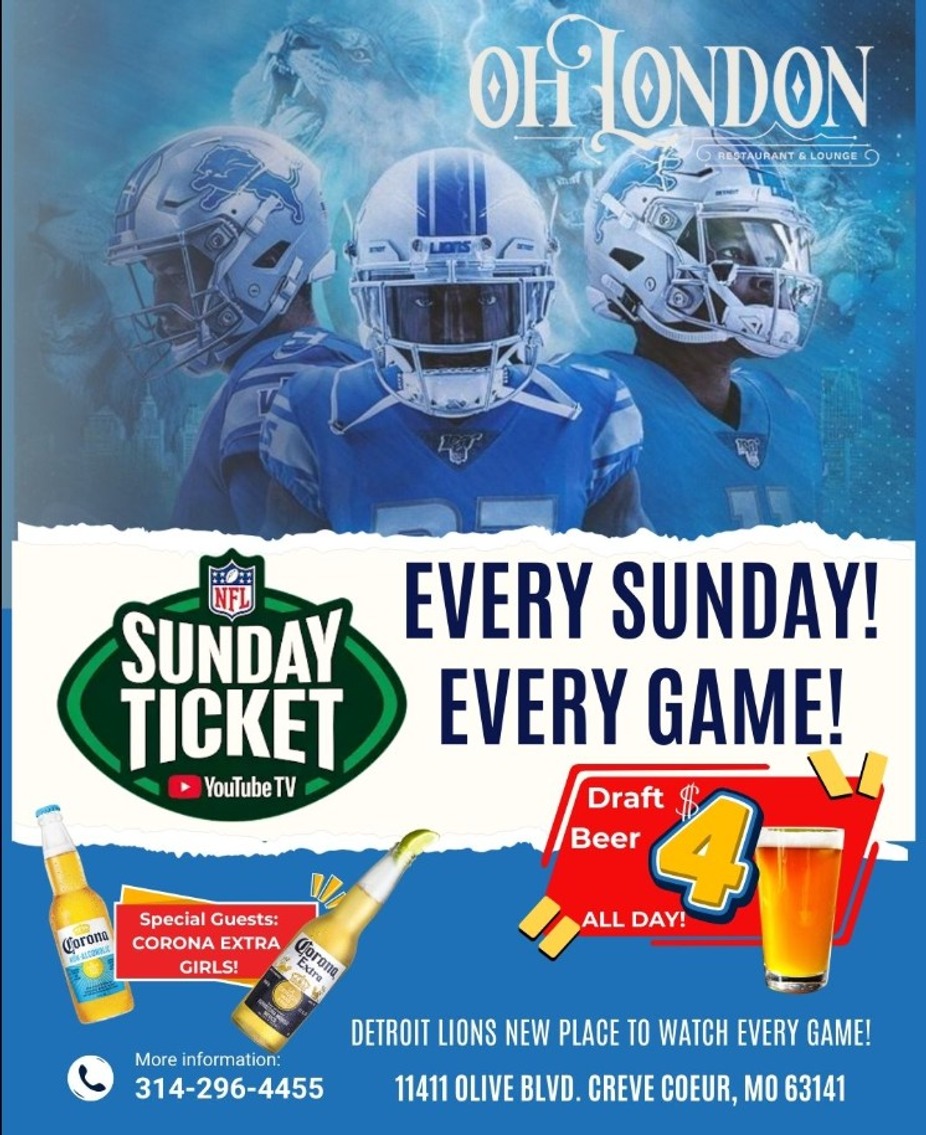 Detroit Lions promotional poster featuring players, event details, and drink specials.