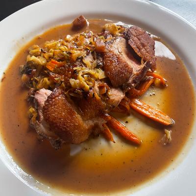 Seared duck, with vegetables
