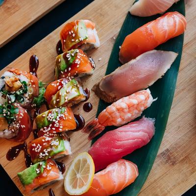 Shrimp sushi rolls and various Sashimi.