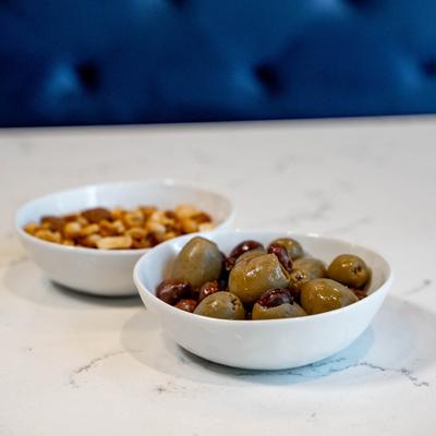 Allmonds, corn kernels, chickpeas, fava beans, and olives.