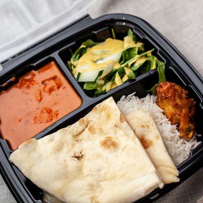 Pastry, rice, grilled chicken, dip and salad on the side