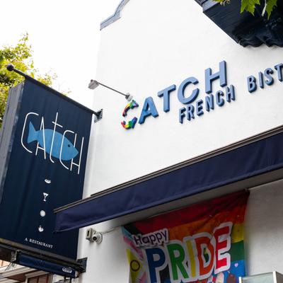 Catch French Bistro Outside, fascia sign, hanging sign.