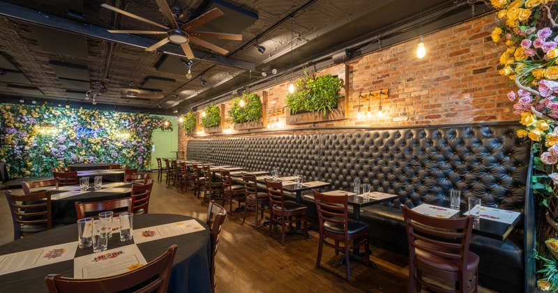 Interior, tables, chairs and long bench in dining area