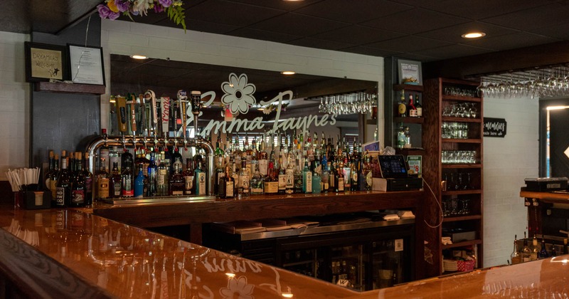 The interior of the restaurant, the bar area