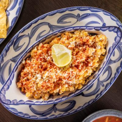 Elote Dip, served, top view.