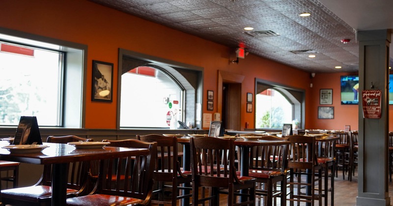 Dining area, tall tables and bar stools