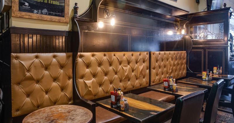 Rustic and cozy pub interior, seating area