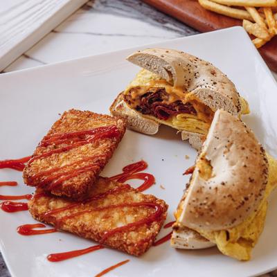 An angled view of the Bacon, eggs, and cheese sandwich.