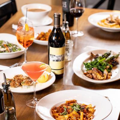 Assorted food and wine.