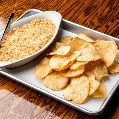 Fried pickle dip and potato chips.