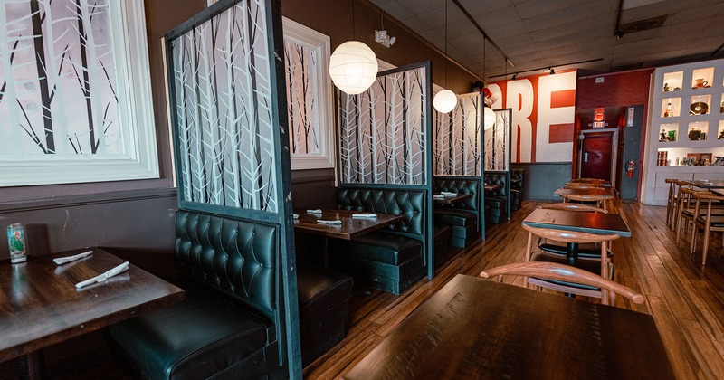 Interior, seating space, booths, tables and chairs