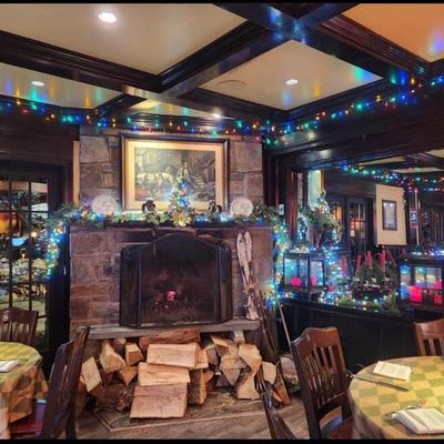 Interior, seating and fireplace with light decorations