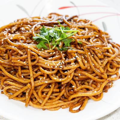 Close up of spicy garlic noodles.