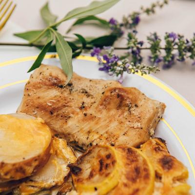 Chicken with squash and potatoes.