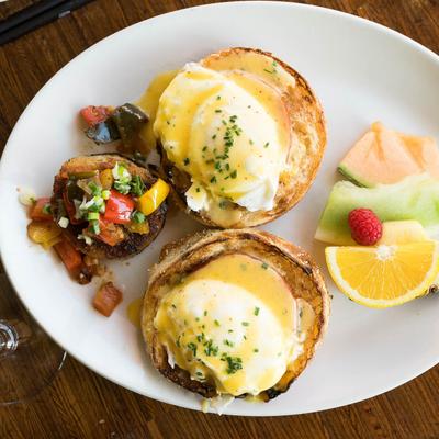 Eggs benedict, top view.