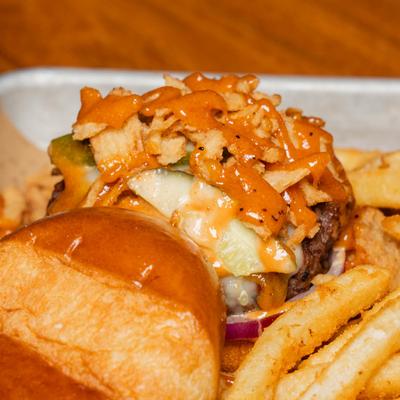 Bacon Brisket Cheeseburger and fries.