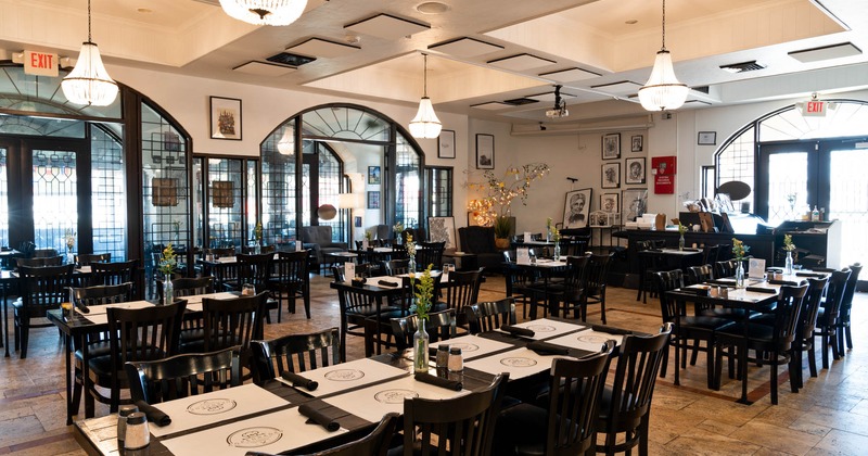 Inside, seating area, tables ready for guests