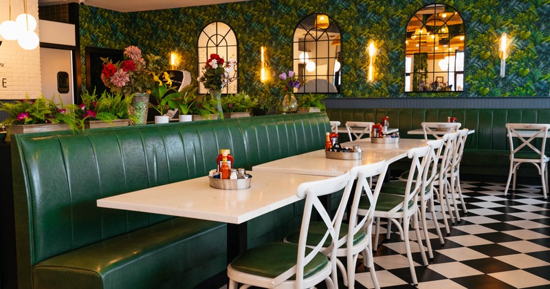 Interior, seating area with tables and chairs